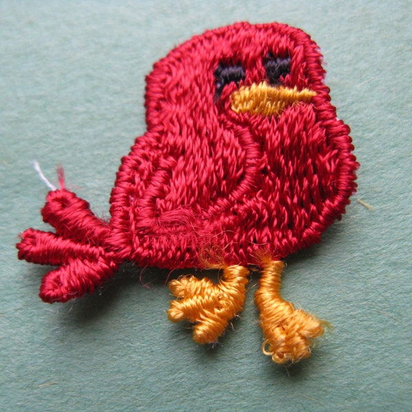 red bird appliqué vintage 1970s silly chickadee patch trim