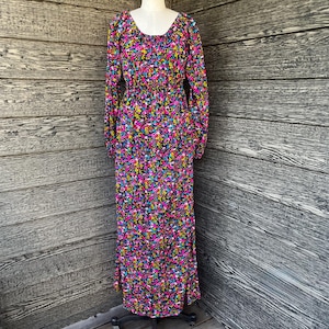 flower power maxi dress 1970s bright boho long gown small medium