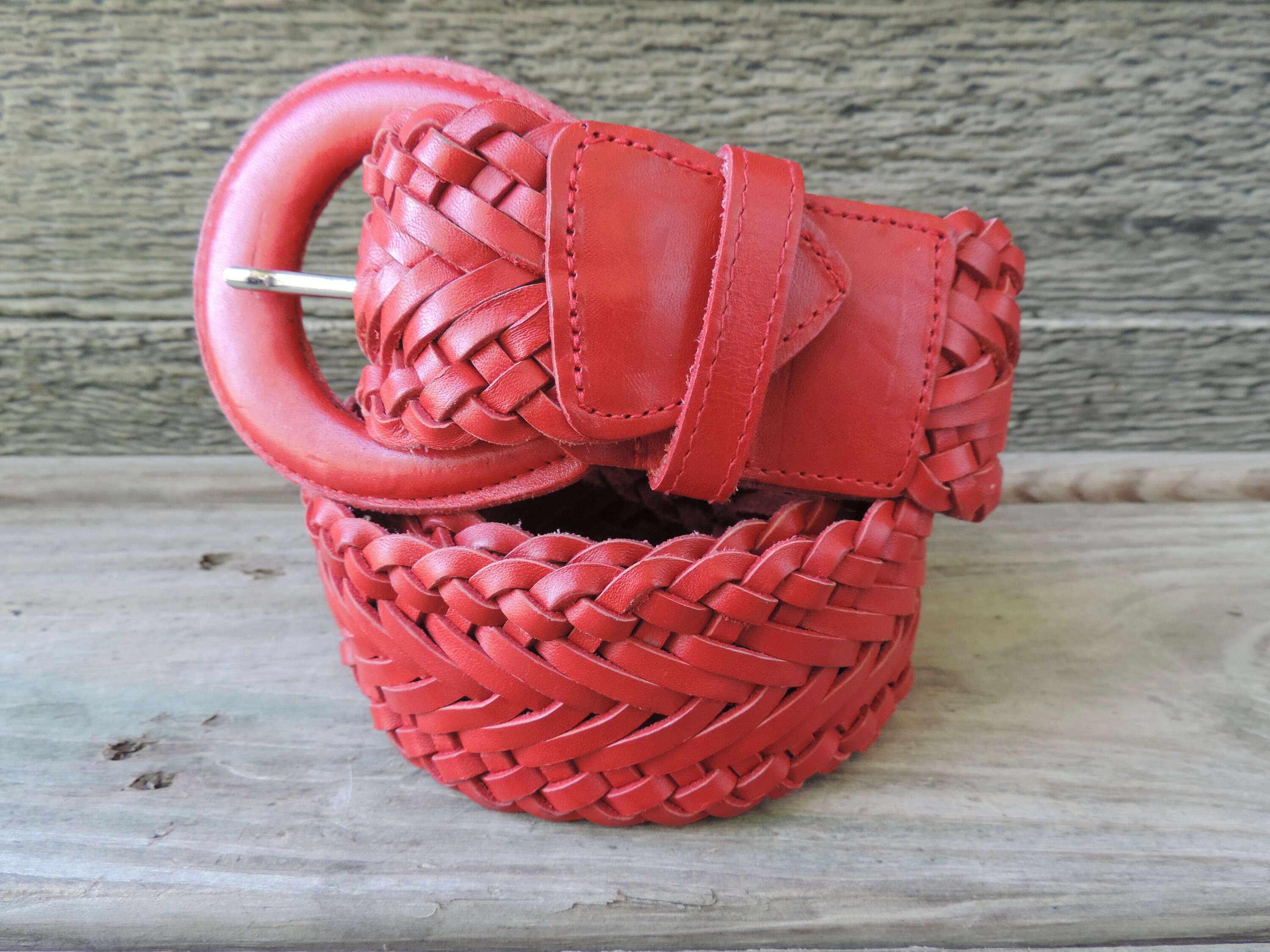小物 Vintage 80s Red Braid Design Belt Red Woven Belt Vintage Leather Braided Boho Waist Accessory