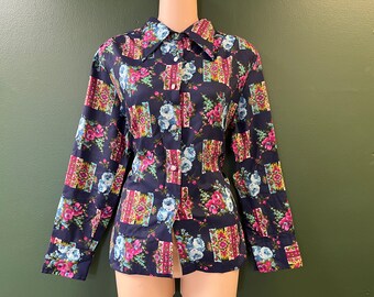 1970s floral blouse vintage funky disco button down large