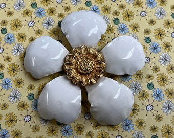 big white flower brooch 1960s enamel floral pin