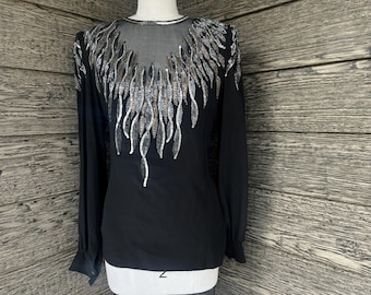 black + silver sequin beaded silk blouse. 1980s sheer bodice / icicle sequined evening top medium
