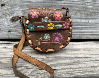 vintage tooled leather mini purse boho flower painted pouch