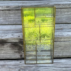May include: A rectangular glass display case with a gold-colored metal frame. The glass is etched with a floral design. The case has multiple shelves and is empty. The background is a wooden surface.