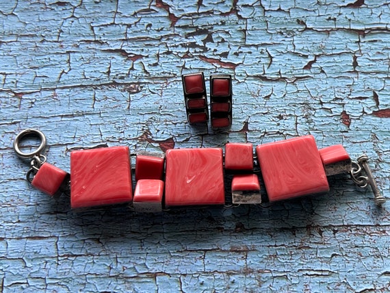 sterling silver and coral bracelet set Taxco Mexi… - image 1