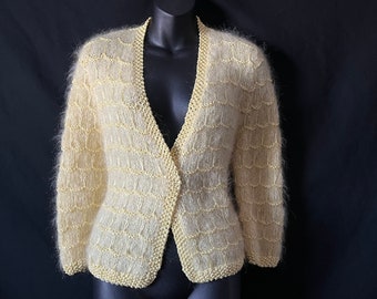 yellow mohair cardigan vintage knit wool sweater medium