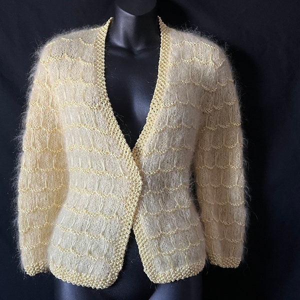 yellow mohair cardigan vintage knit wool sweater medium