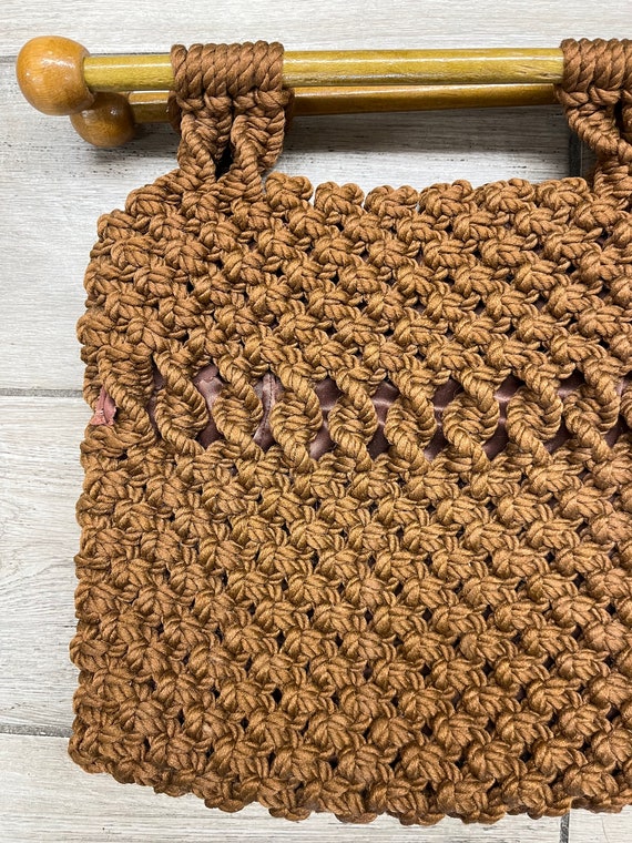 vintage boho brown macrame purse 1970s wood handl… - image 3