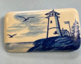 vintage lighthouse brooch hand painted seaside ceramic pin