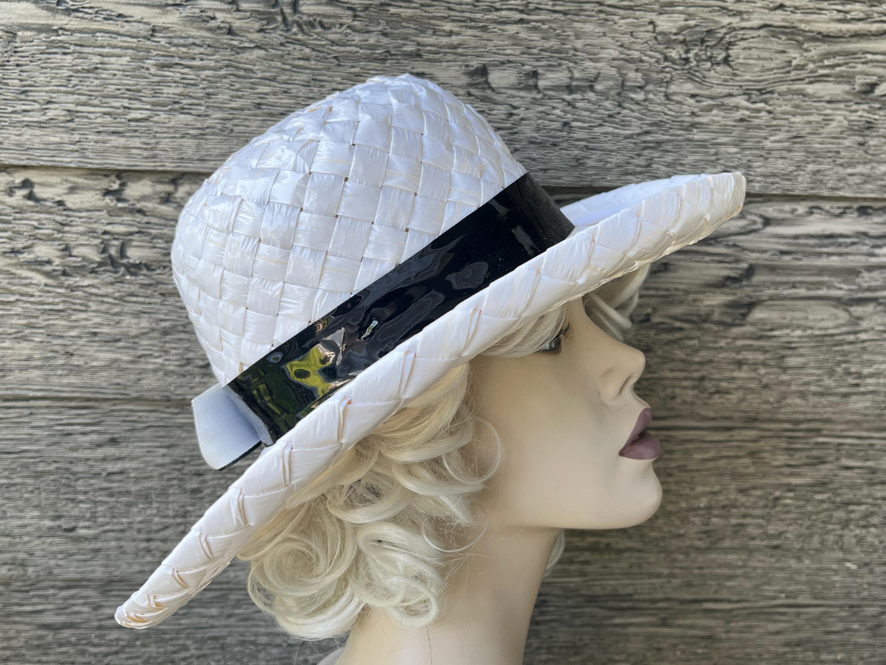 UNWORN 1960s\' BLACK AND WHITE STRAW FEDORA Vintage Black and White Straw Hat 1960s Mr. John Classic main image 2