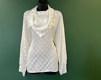 vintage white bib blouse 1980s checkered scarf jabot top XL