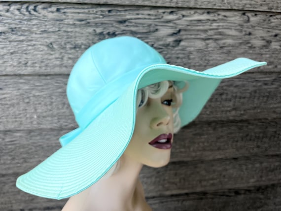 vintage aqua sun hat 1970s huge floppy brim and big bow sunhat