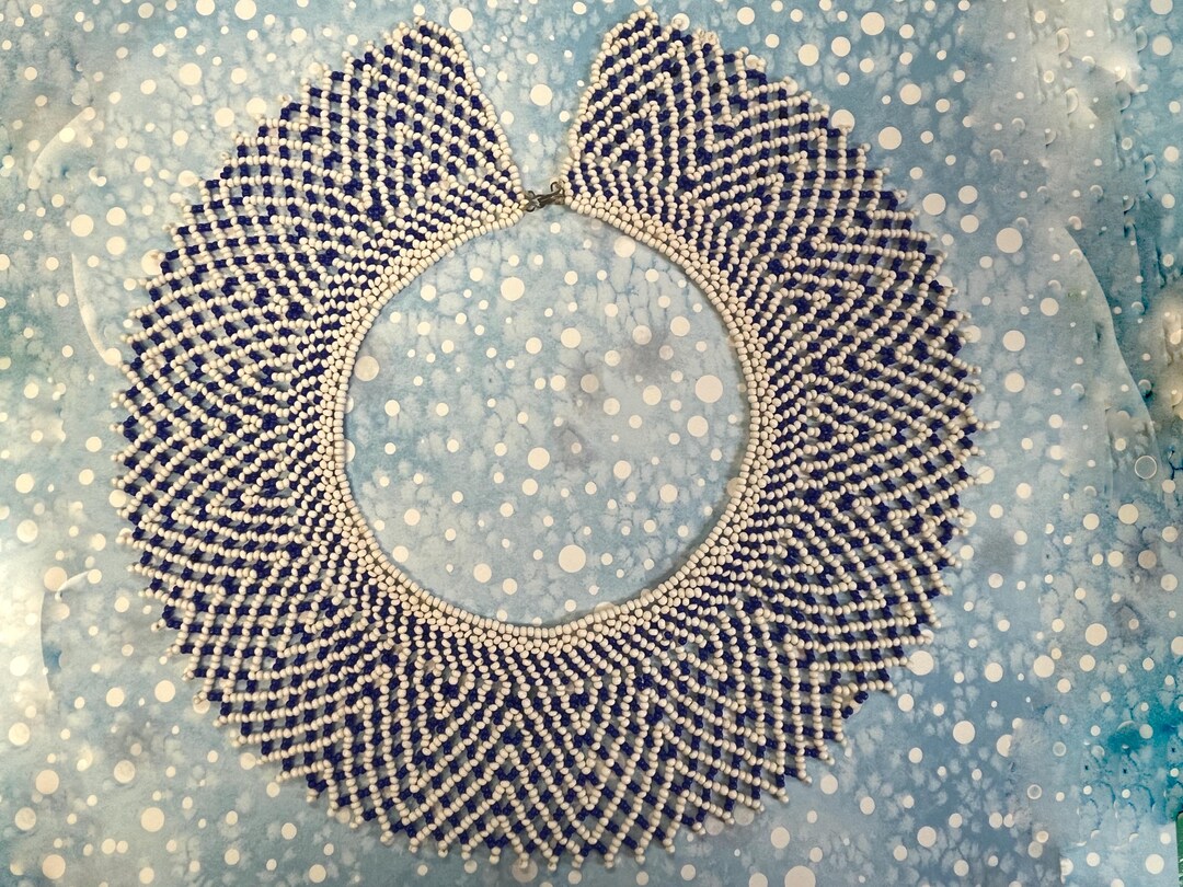 Blue Beaded Collar Blue and White Seed Bead Dress Collar / Statement ...