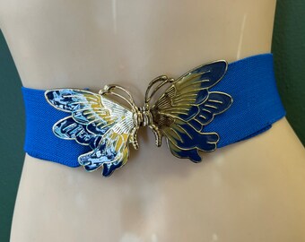 blue butterfly belt 1980s fashion enamel stretch waspie adjustable to XL