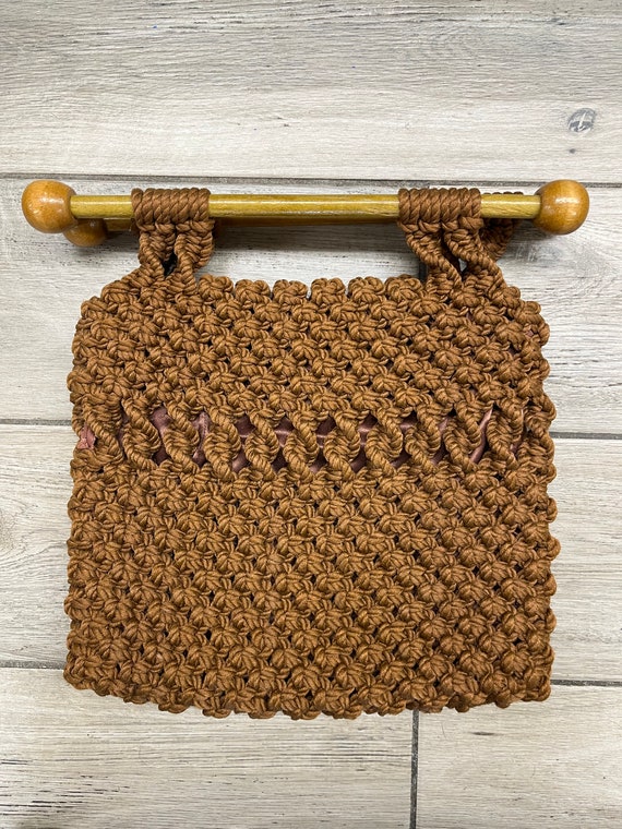 vintage boho brown macrame purse 1970s wood handl… - image 2