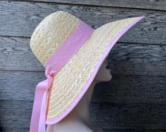 vintage floppy pink straw sun hat 1970s wide brim sunhat