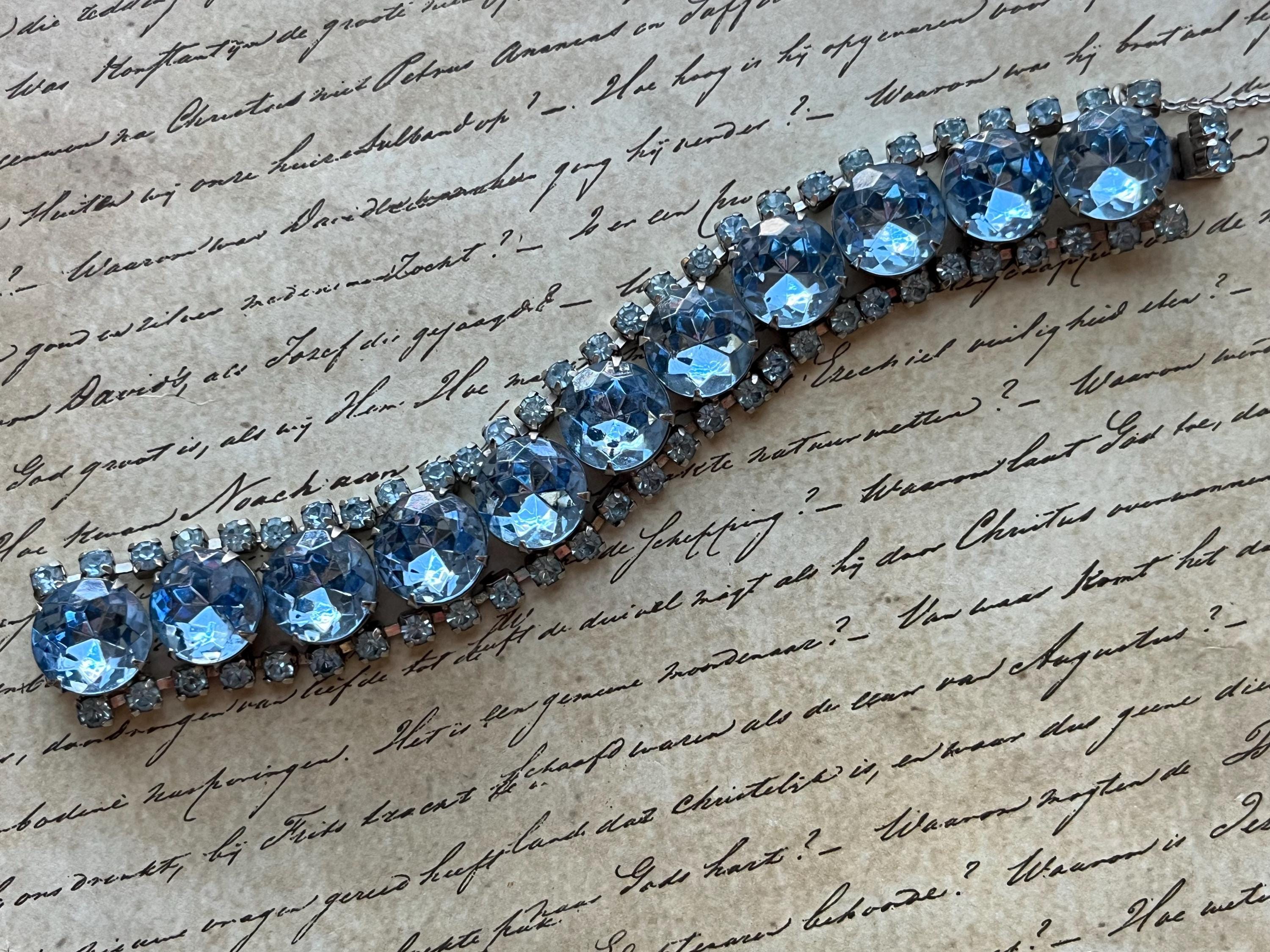 Blue Crystal & Silver Bracelet, 1950s Blue Glass Rhinestone