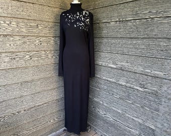 body con sweater dress vintage 1980s black slinky knit long gown large