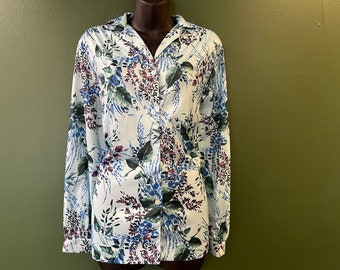 vintage floral blouse 1960s blue botanical disco button down top XL