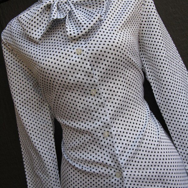 Polka Dot Vintage 70's White and Black Dotted Pussy Bow Ascot Blouse