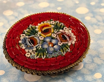 vintage micro mosaic brooch Italian red floral pin
