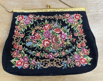 vintage pettipoint purse floral needlework framed handbag