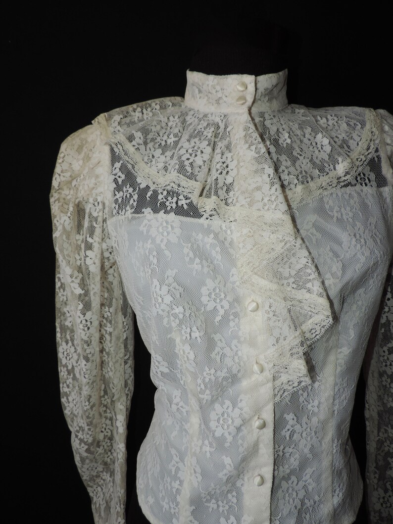 vintage lace blouse 1970s white ruffle prairie goth victorian revival medium