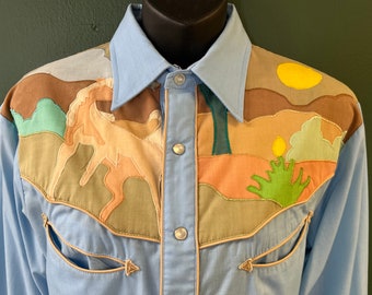 vintage cowboy pearl snap shirt 70s appliqué button down men's rockabilly shirt medium