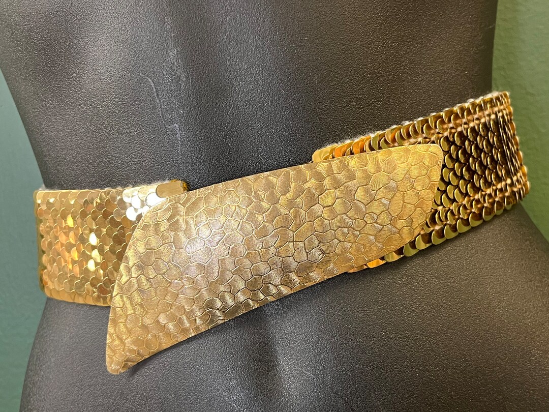 Gold Fish Scale Belt 70s Disco Metal Stretch Wasp Waist Belt Etsy