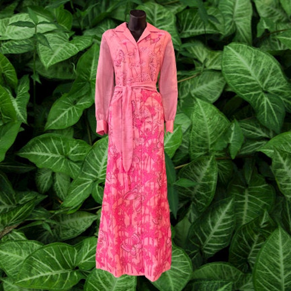 vintage Alfred Shaheen butterfly maxi dress 1960s pink Hawaiian hostess gown large