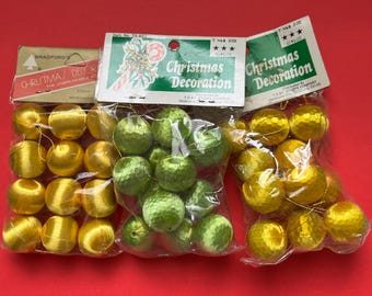 mini satin Christmas ornaments 1960s silky kitsch gold and green spun balls NOS