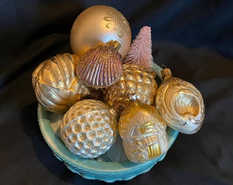 vintage gold ornaments German blown indents mica Christmas balls