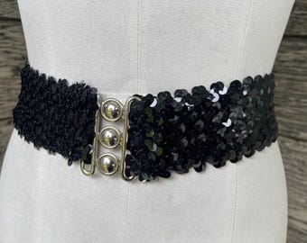 black sequin stretch belt 1970s disco elastic waspie small medium large