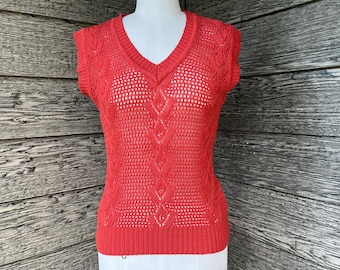 autumn open knit sweater 1970s burnt sienna vest blouse large