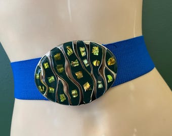 Vintage stretch belt colorful enamel buckle orange blue green yellow 80s Orange Wide Waist Belt | Stretch Belt | Color Block  main image 2