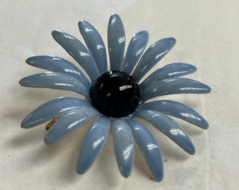 vintage daisy brooch 1960s blue and black enamel flower pin