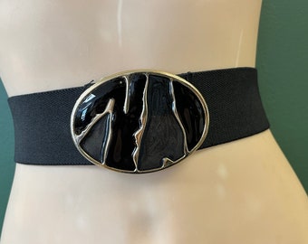 1980's black elastic stretch belt enamel oval buckle waspie medium