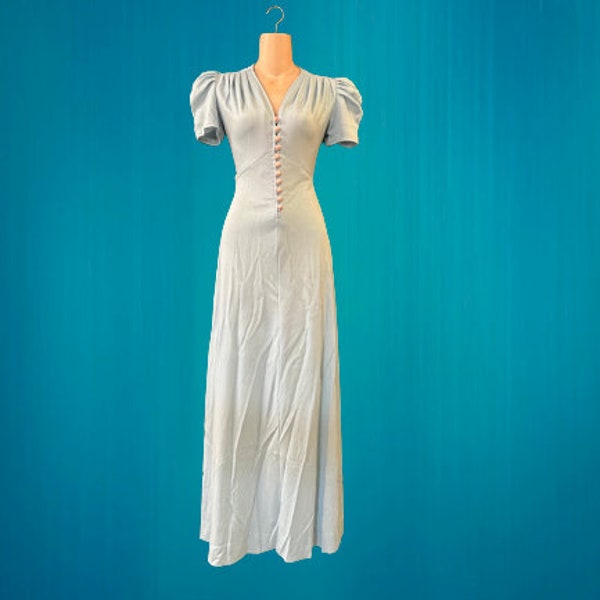70s does 30s maxi dress blue puff sleeve long gown small