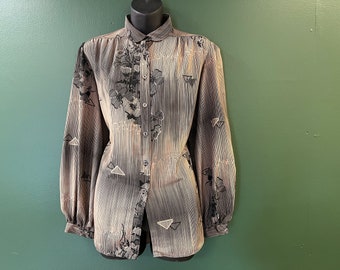 dogwood floral blouse 1970s tan and black stripe button down large