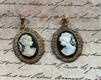 vintage cameo earrings classic silhouette carved lady pierced dangles
