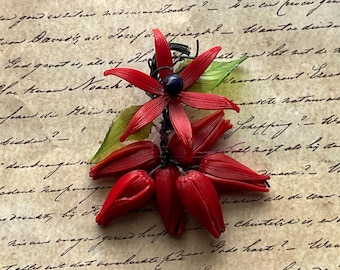 vintage carved celluloid brooch 1940s red dangle flower pin
