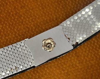 80s 90s Metal Mesh Studded Black Embossed Leather Belt