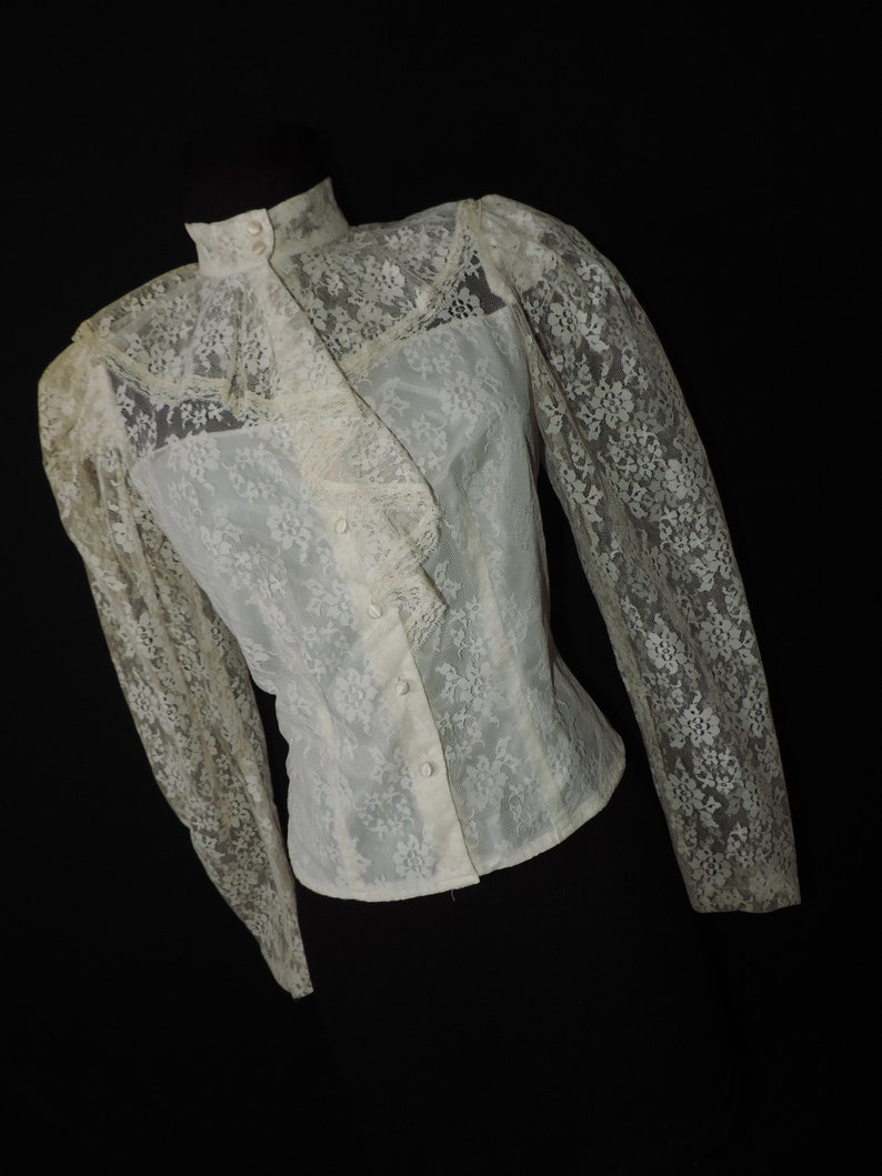 vintage lace blouse 1970s white ruffle prairie goth victorian revival medium