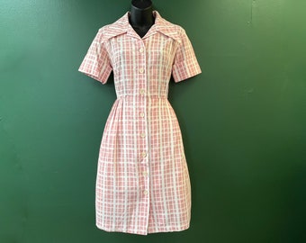1950s plaid day dress pink checkered fit and flare frock medium