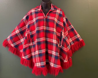 red tartan poncho vintage winter fringed plaid cloak OSFM