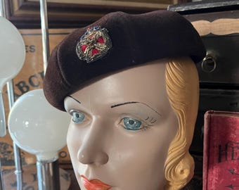 1960s brown velour beret vintage sequin medallion tan cap / hat