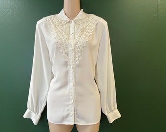 ivory lace blouse lacy beaded bodice button down large