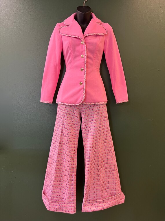 1970s pink pantsuit vintage barbie jacket and bell bo… - Gem