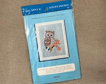 vintage crewel owl kit Vogart boho embroidery craft kit new old stock