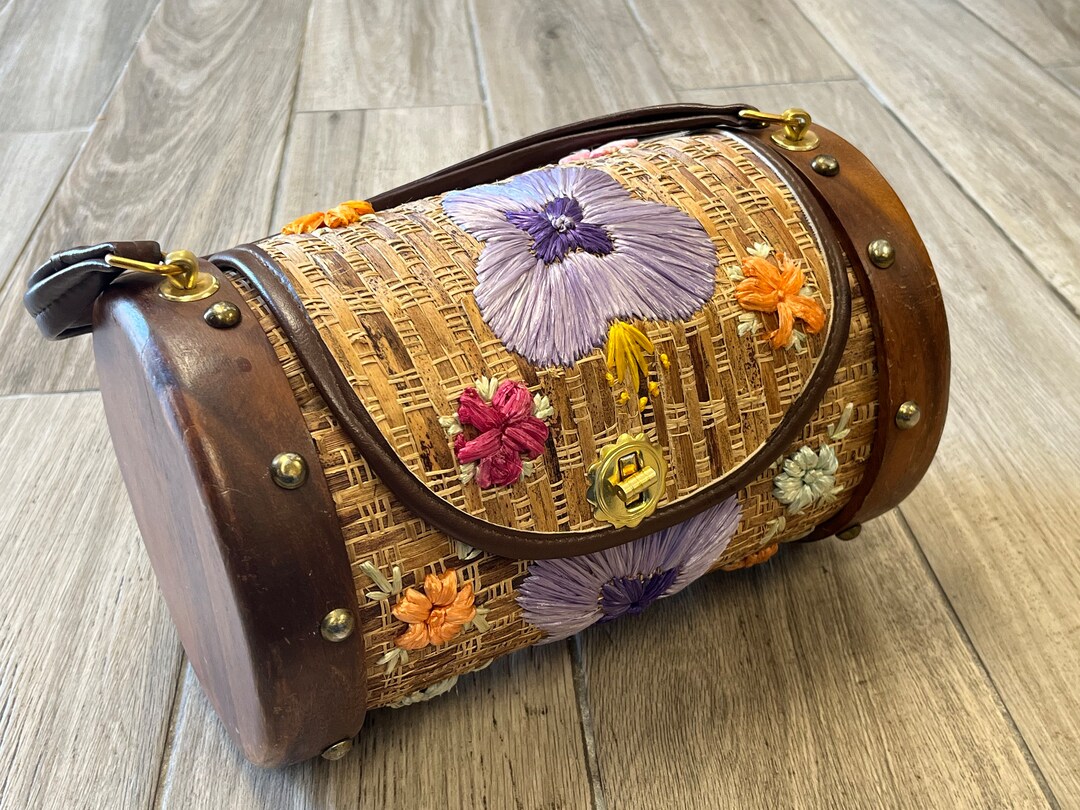 Vintage Raffia Barrel Bag 1960s Wooden Bags by Whidby Mod Handbag Etsy